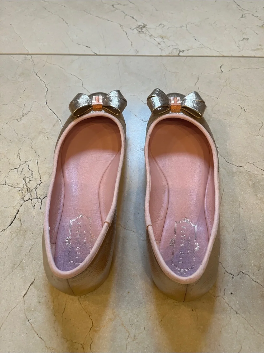 Ted Baker Metallic Rose Gold Bow Ballet Flats with Pink Interior